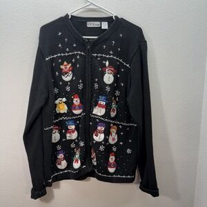BP Design Knit Holiday Sweater SZ L Snowman Embroidered Christmas Jacket Beaded